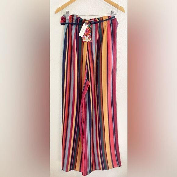 Farm Rio Anthropologie Striped  Wide Leg linen blend Pants Size NWT. M - Picture 5 of 10